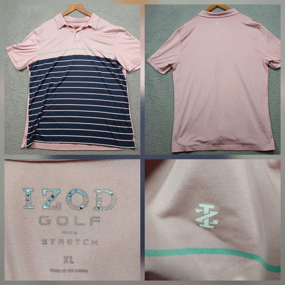 IZOD Golf Men's‎ XL Pink & Navy Stripe Polo Shirt Stretch Performance Moisture